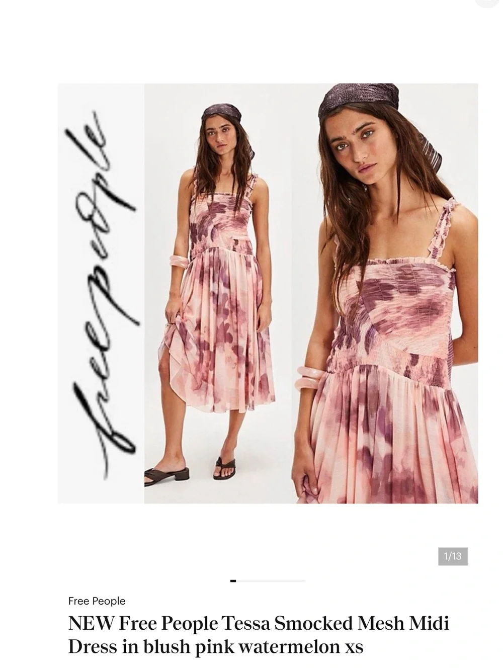 New Free People Tessa Smocked mesh midi dress